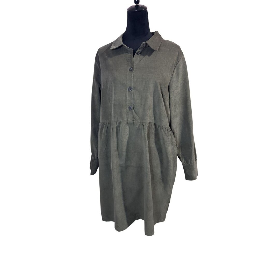 Nine West Empire Waist Olive Green Corduroy Babydoll Shirt Dress - Picture 10 of 14
